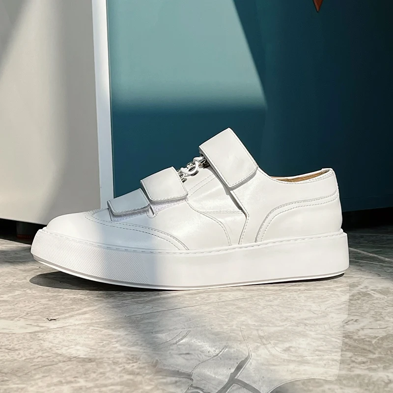 Luxury Design White Cow Leather Men Skate Shoes Adjustable Hook Loop Chunky Platform Sole Minimalist Runway Fashion Footwear