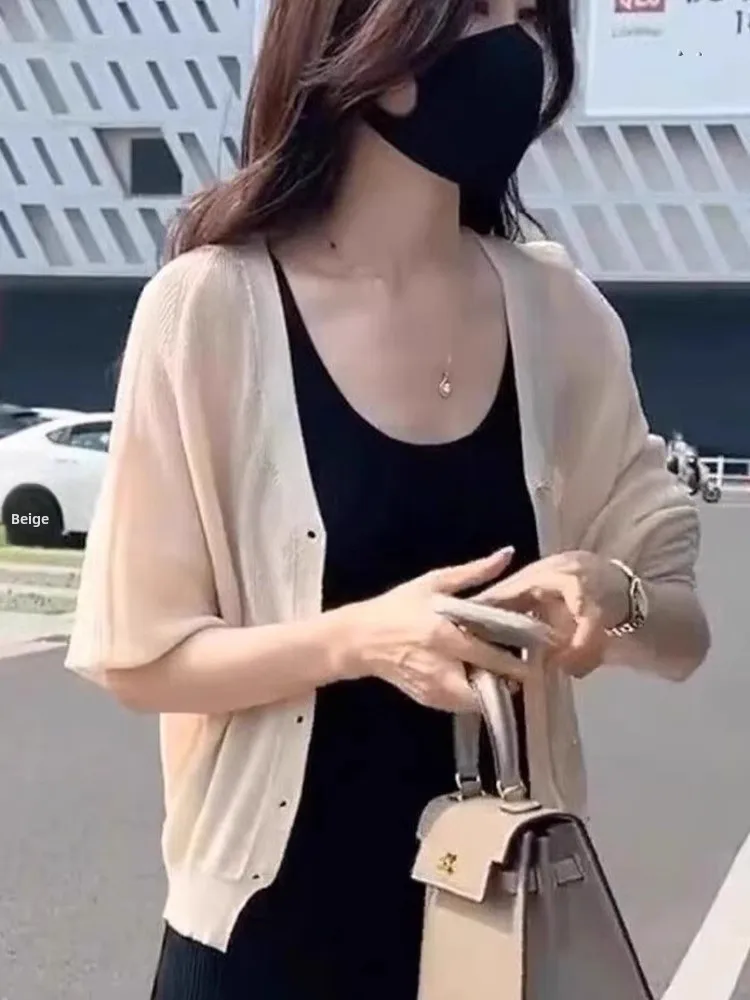 

Ice Silk Knitted Open Cardigan Women's Summer Outerwear Loose Thin Sle 2025 New Outer Layer awl Top ort Small Jaet