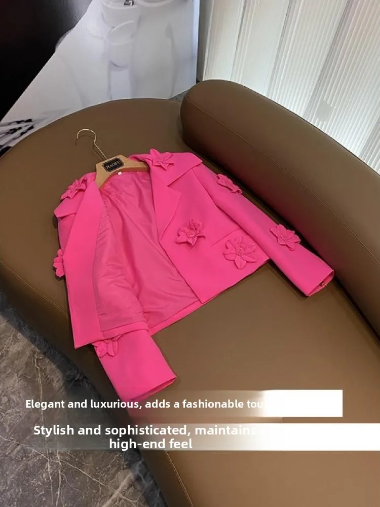 

Faionable Fluorescent Pink Heavy Work Embellied ort Suit Jaet with 3D Flower Decorations A0060 Commute Sle Women's...