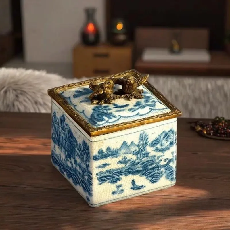 Chinese Blue and White Porcelain Mini Square Storage Box Exquisite Luxury Ceramic Trinket Jewelry Organizer for Home Decor