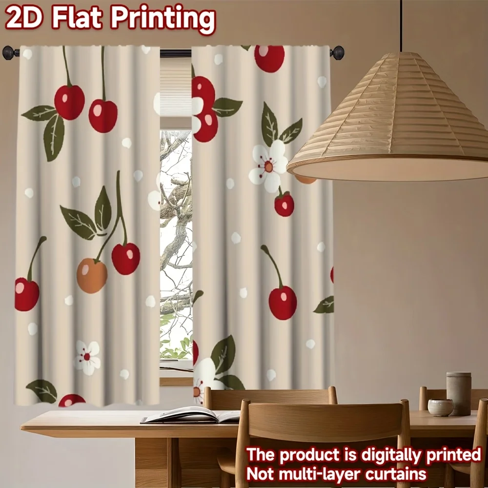 2pcs Cherry Polka Dot Curtains Red Fruit Leaf Print Drape Kitchen Dining Room Window Treatment Cute Home Decor Panels