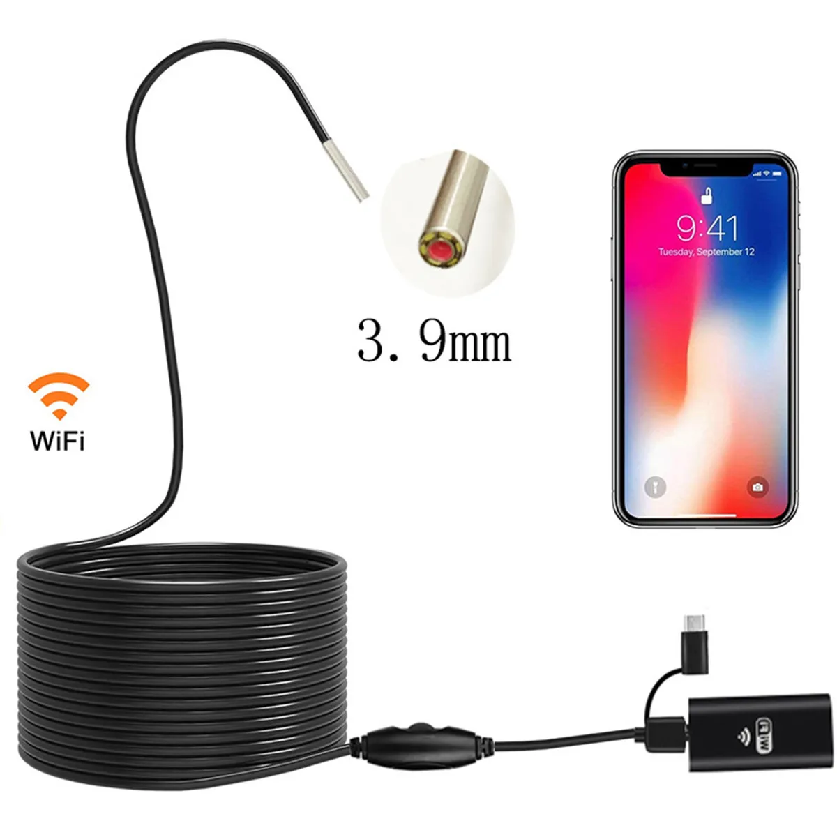 3.9mm WIFI/USB For Android  OTG Industrial Endoscope CMOS Borescope Inspection Otoscope Digital Microscope
