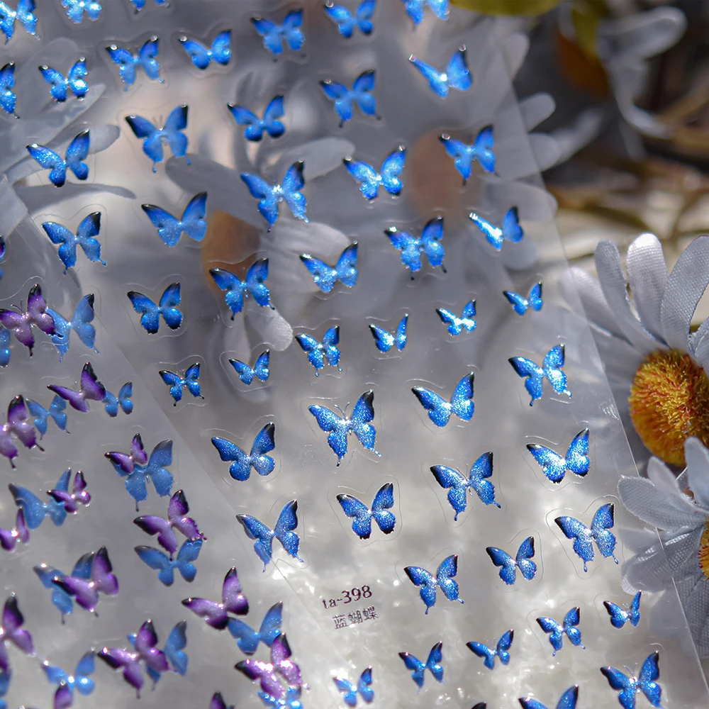 Sapphire Shine Blue Butterfly Wings 5D Nail Art Sticker Elegant Animal Insect Chic Self Adhesive Decoration Manicure Decal DIY