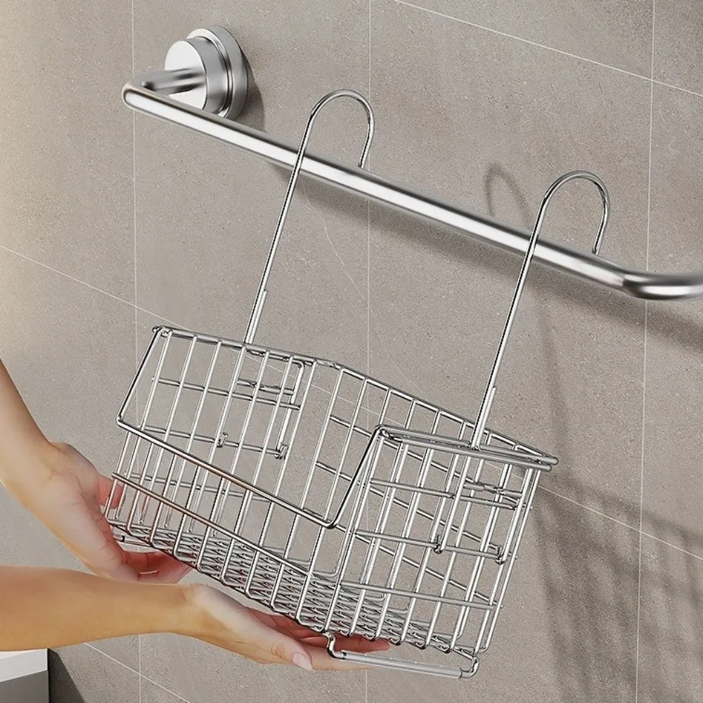 Stainless Steel Tall-Rail Shower Storage Rack No Drill Wall Mounted Hanging Shower Basket Large Capacity Detachable