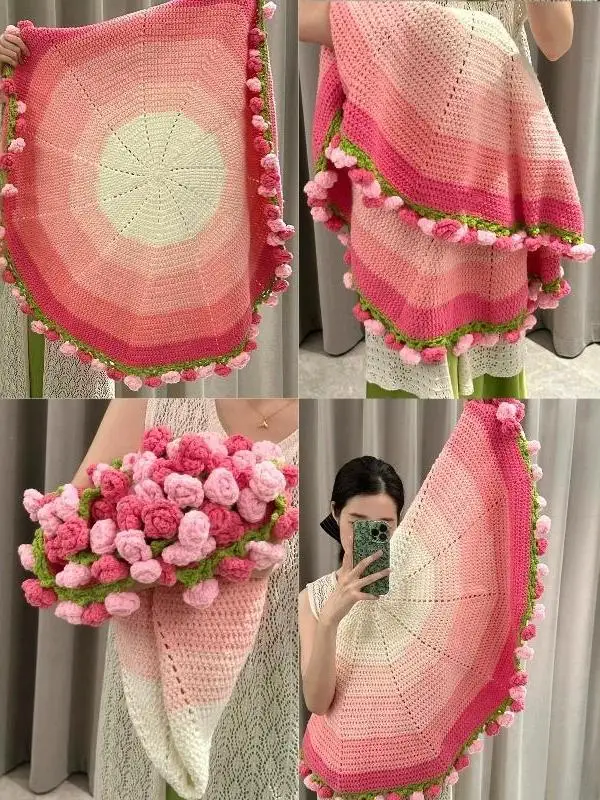 Hand Knitted Gradient Rose Flower Bouquet Blanket Yarn Material Kit DIY Crochet Cotton Bedding Casual Blanket Summer Outdoor