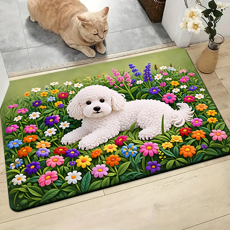 2D Flat White Poodle Puppy Colorful Flowers Green Grass Flannel Area Rug Non Slip Cute Pet Carpet For Living Room Bedroom Floor