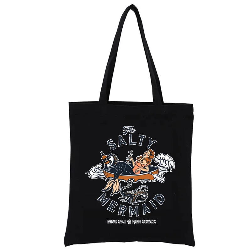 

the Salty Mermaid Dive Bar & Fish Shack Fashion Graphic Print Shopping Bags Funny Totebag Literary Books Bag Woven Tote Shopper