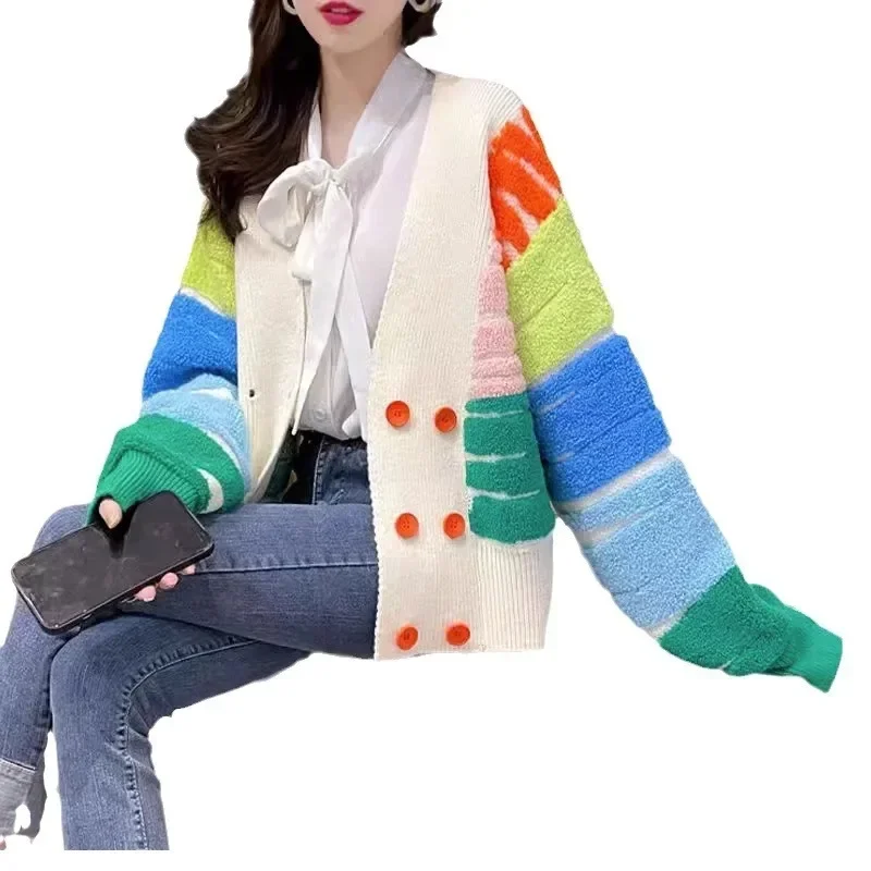 Leisure Korean Loose Internet Celebrity Color Blocked Sweater 2024 Autumn/winter Fashion New Women\'s Knitted Cardigan Jacket