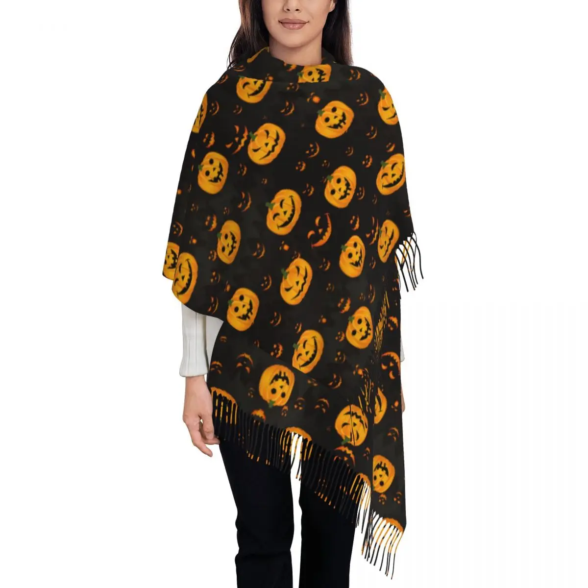 Womens Scarf with Tassel Horror Halloween Single-sided Pattern Winter Fall Shawl Wrap Pumpkin  Face Daily Wear Cashmere Scarf