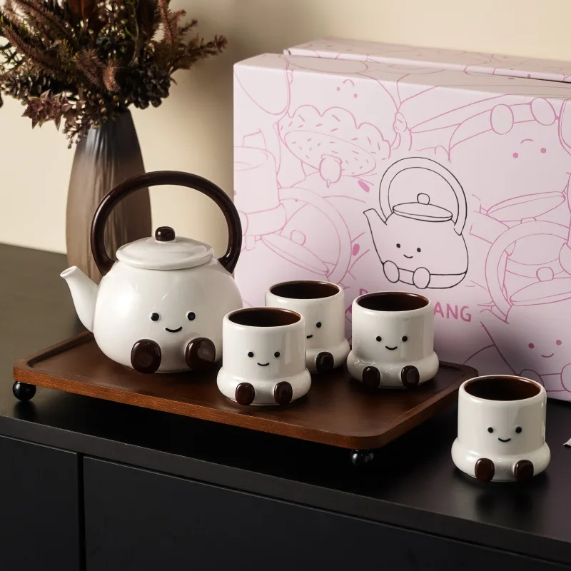 Cute Smiley Face Ceramic Tea Set, 1 Pot 4 Cups with Gift Box, Oven & Microwave Safe Cartoon Tea Pot Set, Hand-Painted Underglaze
