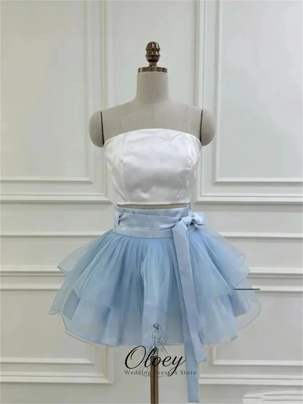 OLOEY Hanbok Modern Contrast Color V-Neck Long Sleeve Korea Wedding Photo Shoot Dress Tiered A-Line Mini Party Dress Customized