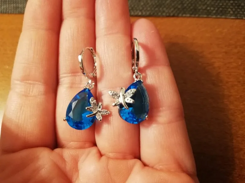 90% Off! Original 925 Sterling Silver Jewelry Set Blue Water Drop Cubic Zirconia CZ Dragonfly Necklace Earring Wedding Accessory