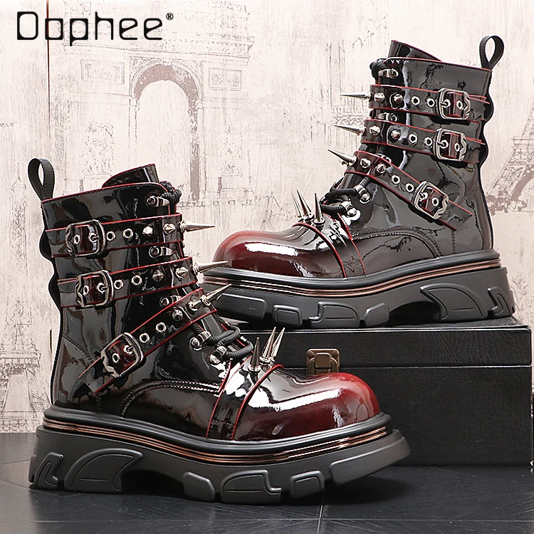 

Autumn Winter New Fashion Rivet Mid-Calf Fashion Gray Boots Height-Increasing Patent Leather Casual Youth Red Short Boots
