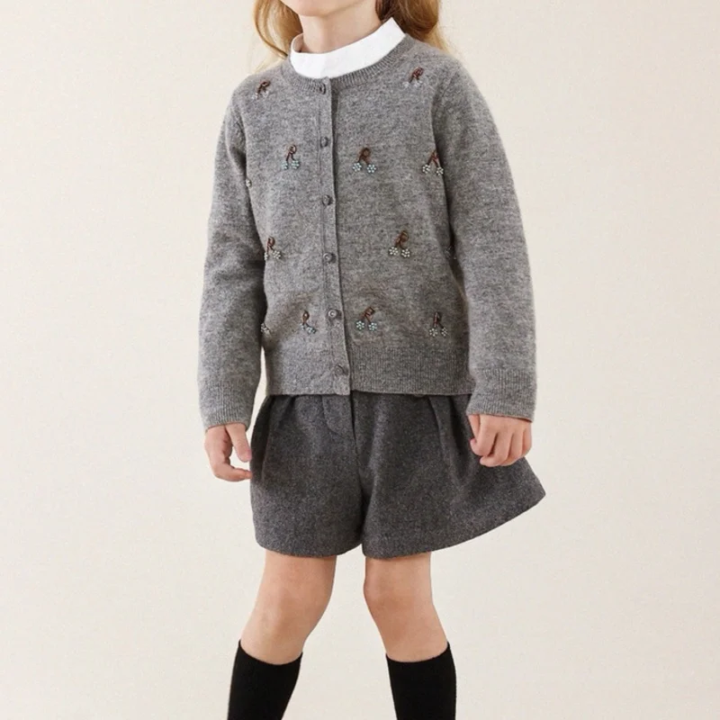 2026 Spring New Beading Cardigan Cotton Thin Cardigan For Kids Grey Sweater Cherry Knitted Shirt Baby Air Conditioning Shirt
