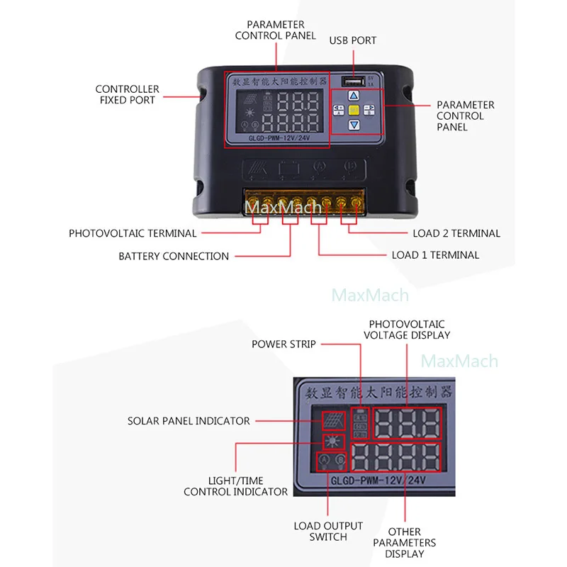 

Solar Controller 12V 24V 30A with USB Dual output Digital display Controller Automatic Identification Light control timing