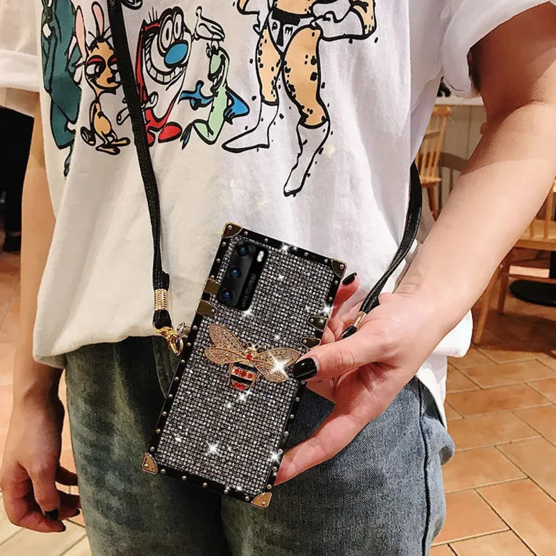 Glitter Diamond Bee Lanyard Phone Case For iPhone 15 14 13 12 11 Pro Max Samsung S24 S23 S22 S21 S20 Plus Ultra Fe Note 20 Cover