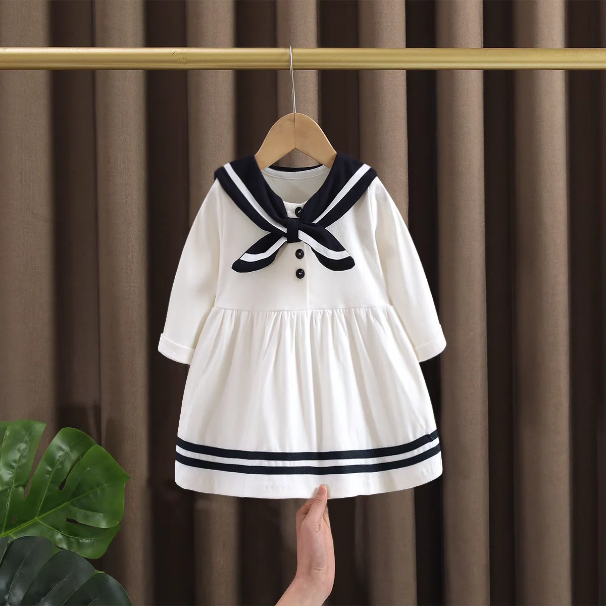 2024 Autumn Newborn Baby Girls Korean Version Long Sleeved Navy Collar Dress Children\'s School Start Season School Uniform Dress