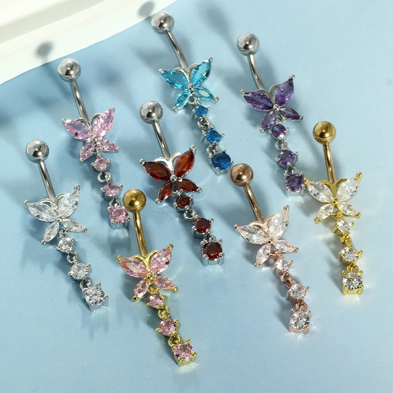 14GA Golden Butterfly with Dangling Flower 316L Stainless Steel Navel Belly Button Ring Piercing Jewelry
