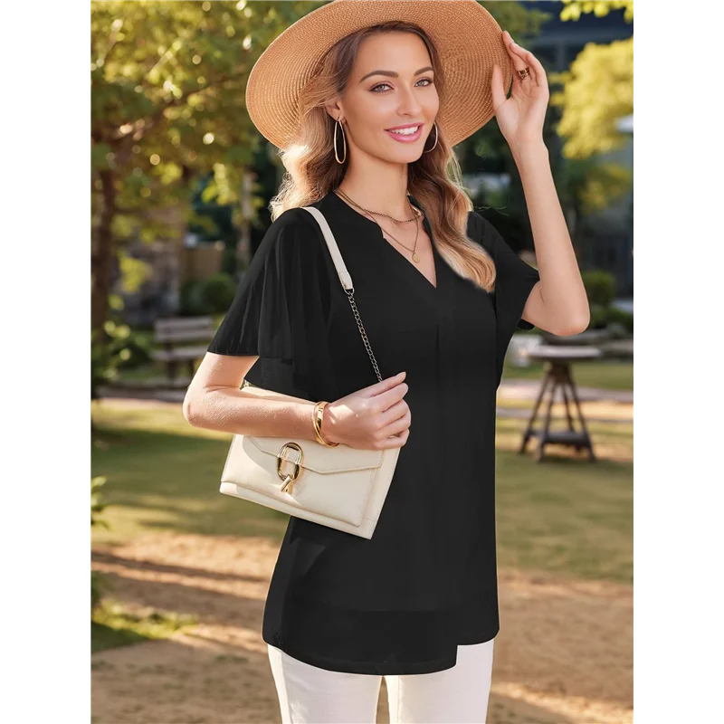 ABP-Women's Short Sleeve V Neck Blouses Shirts Floral Double Layers Mesh Tunics Tops