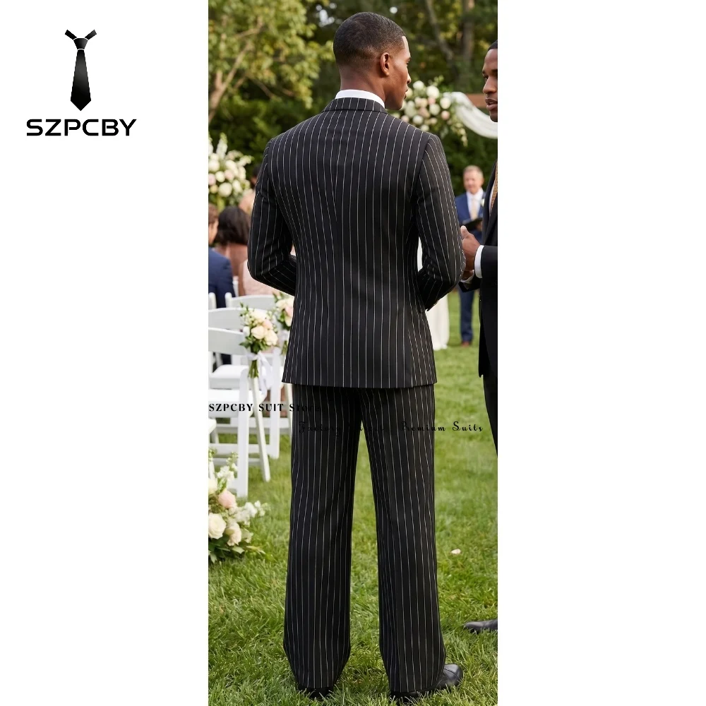 Classic Men's Suits Black Pinstripe Suits for Man Wedding & Formal Occasions 2 Piece Blazer Jacketand Wide Leg Pants for Party