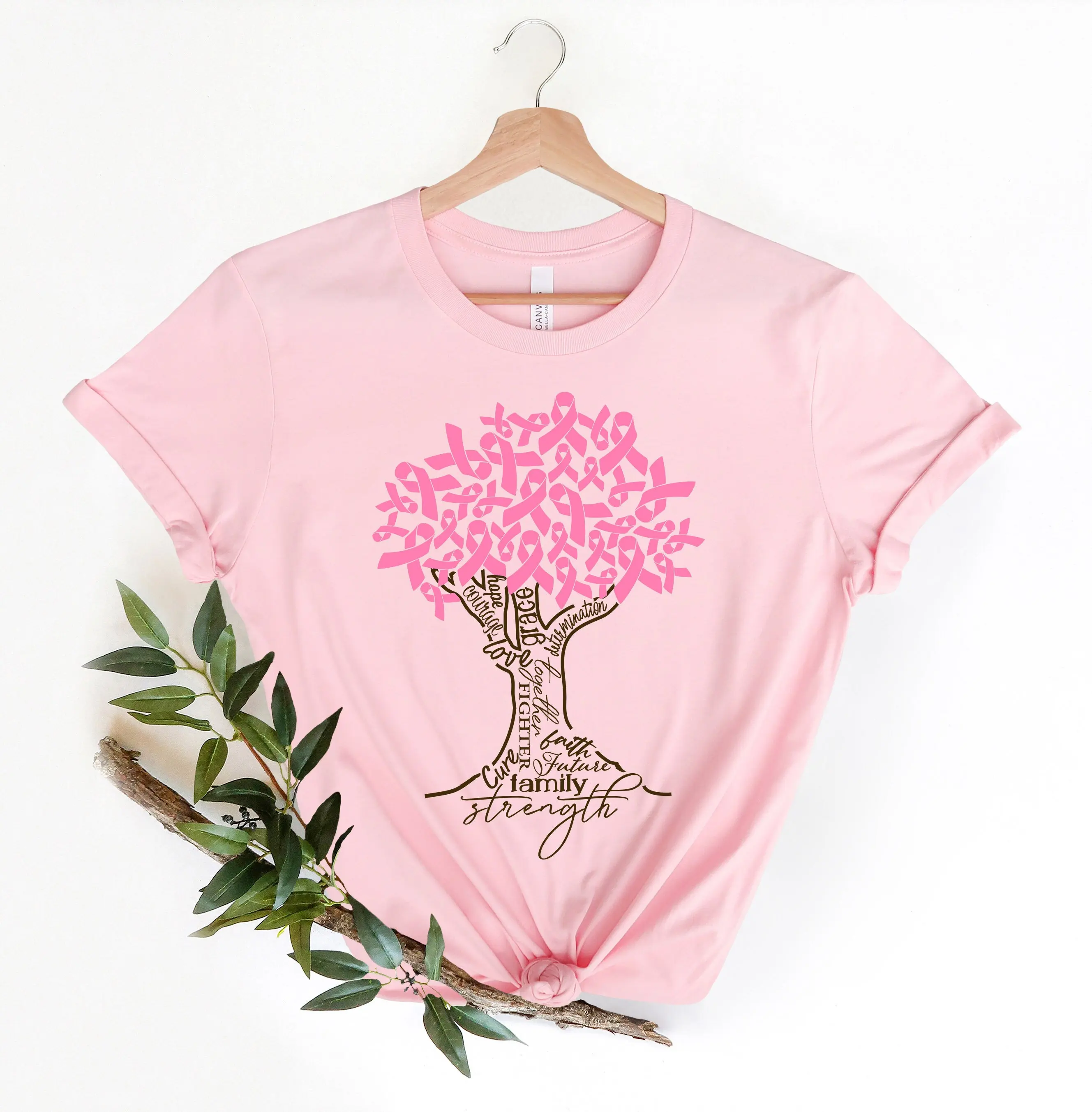 Pink Ribbon Tree T Shirt Cancer Breast Fighter Awareness Motivational