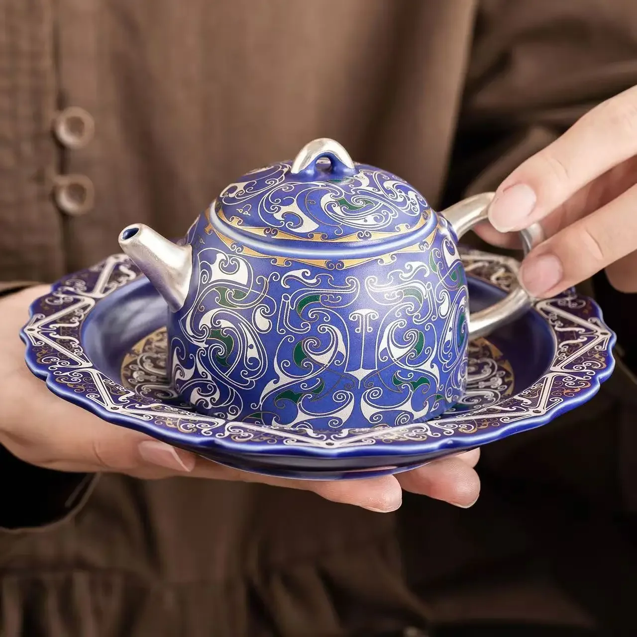 100ML Handmade 999 Silver Xianglong Small Teapot Chinese Tea-making Special Blue Silverware Household High-end Teapot Collection