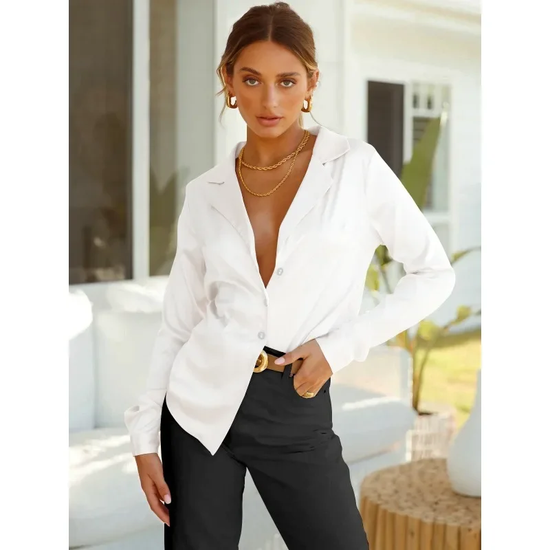 

2024 Autumn Women's Clothing Solid Color Polo Collar Shirt Loose Cardigan Long Sleeve Top Temperament And Fashion