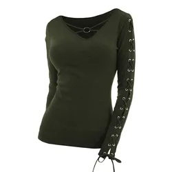 2024 Women's Spring Fall Tops Solid V O Ring Neck Lace Up Long Sleeve Fit Top Green Slim Tee