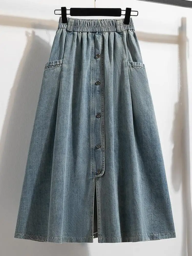 

Korean Vintage Blue Single Breasted Vacation Pleated Denim Skirt Women's 2024 Autumn Winter Elegant High Waist Jean Long Skirts