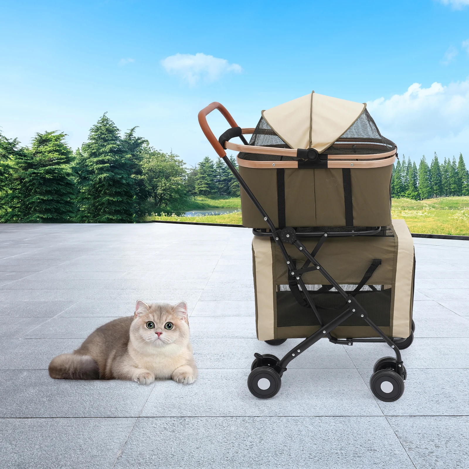 

Коляска для собак и кошек, складная коляска для домашних животных, устойчивая к разрыву, 2 яруса, грузоподъемность 35 кг для путешествий/приключений на открытом воздухе