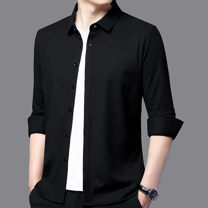 2023 New Spring and Autumn Fashion Trend Solid Color Waffle Slim Fit and Handsome Advanced French Business Men\'s Casual Shirt