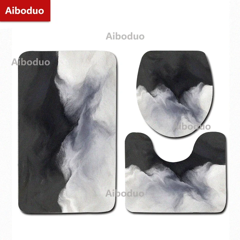 Aiboduo Drop Shipping Black White Texture Map 3pcs/set Toilet Lid Cover Set Carpet Bath Mat NonSlip Home Decoration Restroom Rug