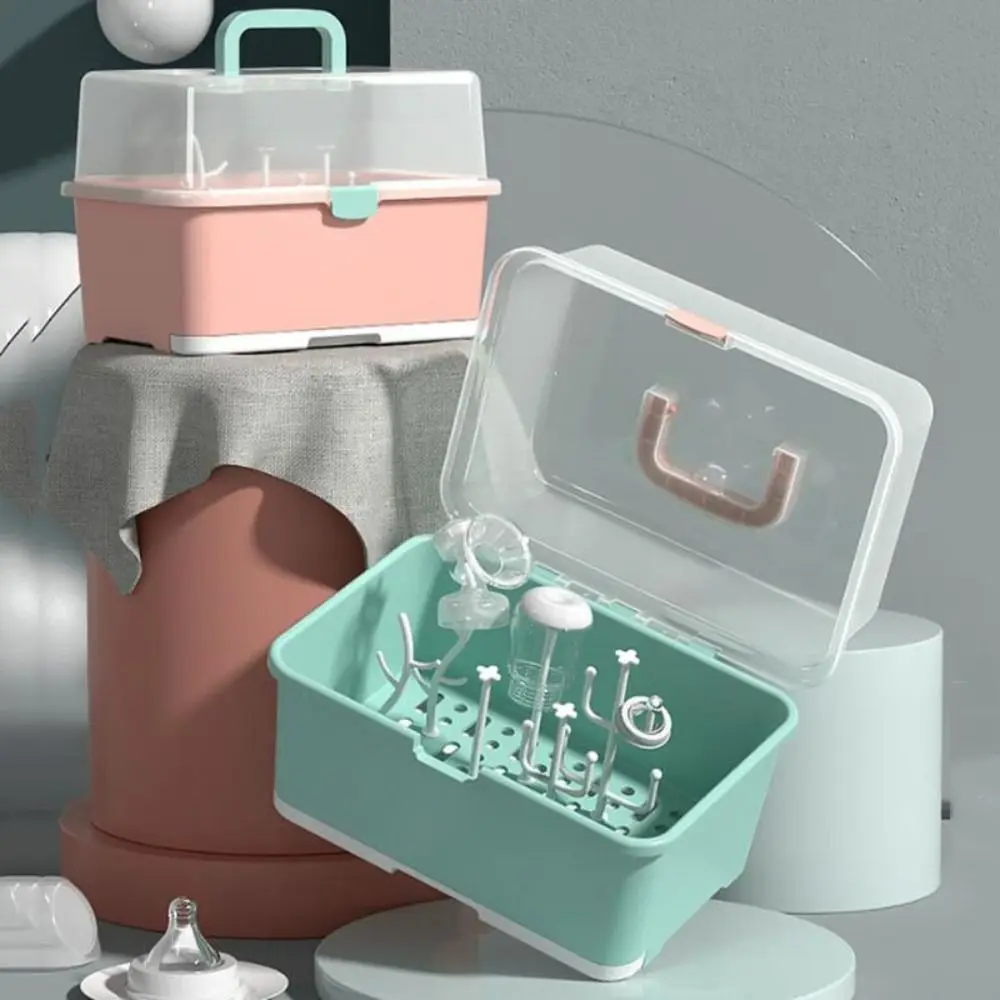 

Dust-proof Baby Bottles Storage Box Versatile With Lid Baby Bottle Drying Rack Portable Drainer Design Nursing Bottle Drying Box