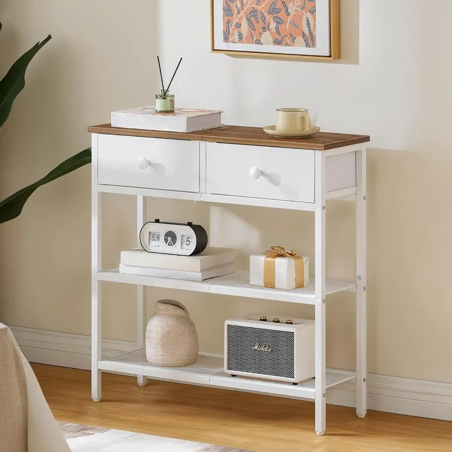 طاولة كونسول ضيقة 29.5 مع درجين من القماش وأرفف تخزين 3 طبقات لمدخل غرفة المعيشة أو خلف الأريكة المدمجة #2