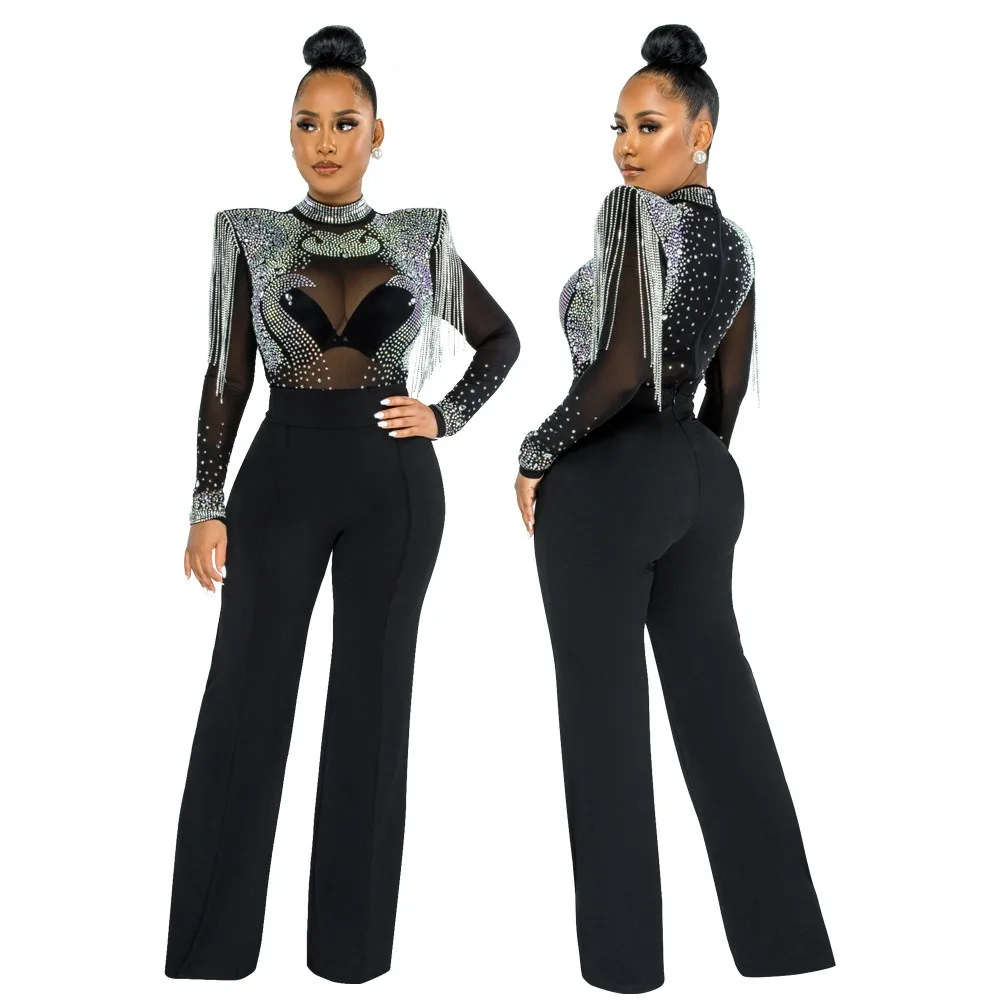 Sexy Nightclub Party Dance Gathering Club Banquet Leisure Slim-Fit High-Neck Sheer Rhinestone-Studded Fringe Jumpsuit
