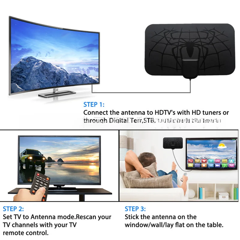 Miniantena de TV Digital Spider, amplificador incorporado, HD, 4K, DVB-T2