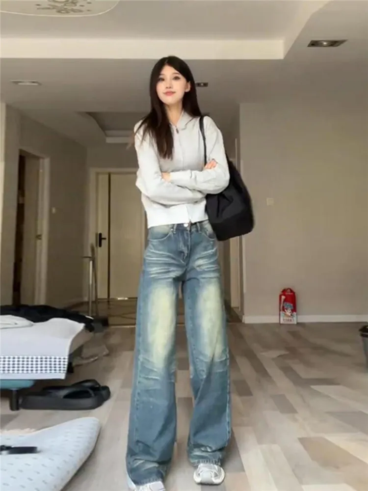 

American High Street Retro Wide Leg Jeans Women's Loose Low Waist Slimming Long Floor-Length Pants Winter Deep Color