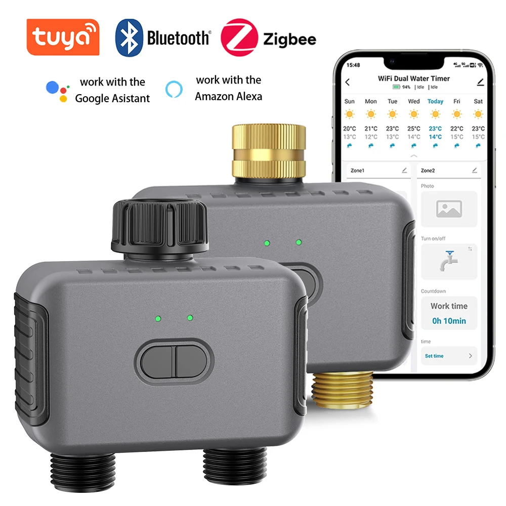 Tuya Smart Dual Water Timer Bluetooth/Zigbee Watering Timer Outdoor Garden Drip Irrigation Controller Rain Delay Programmer