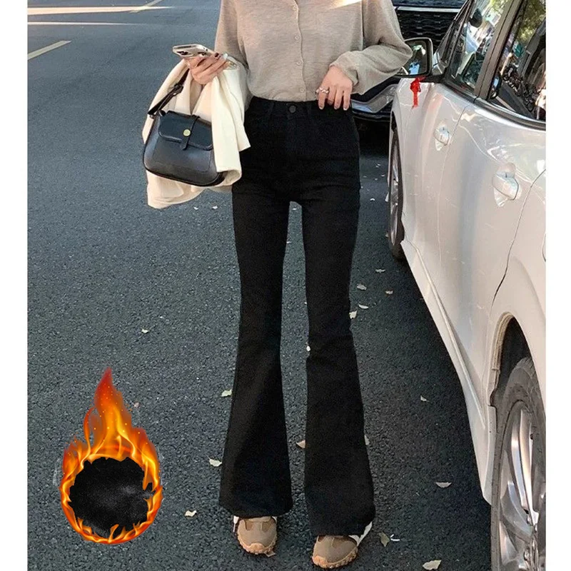 Winter Girls Snow Warm Plush Flared Jeans Lady Solid Fleece Thermal Pants Female Classic Korean High Waist Leisure Trousers