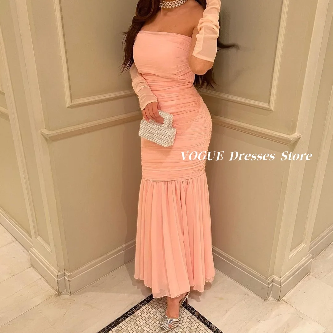 

Elegant Mermaid Evening Dresses with Sleeve 2025 Sweet Pink Chiffon Prom Party Dresses Formal Dress فساتين سهرة Customized