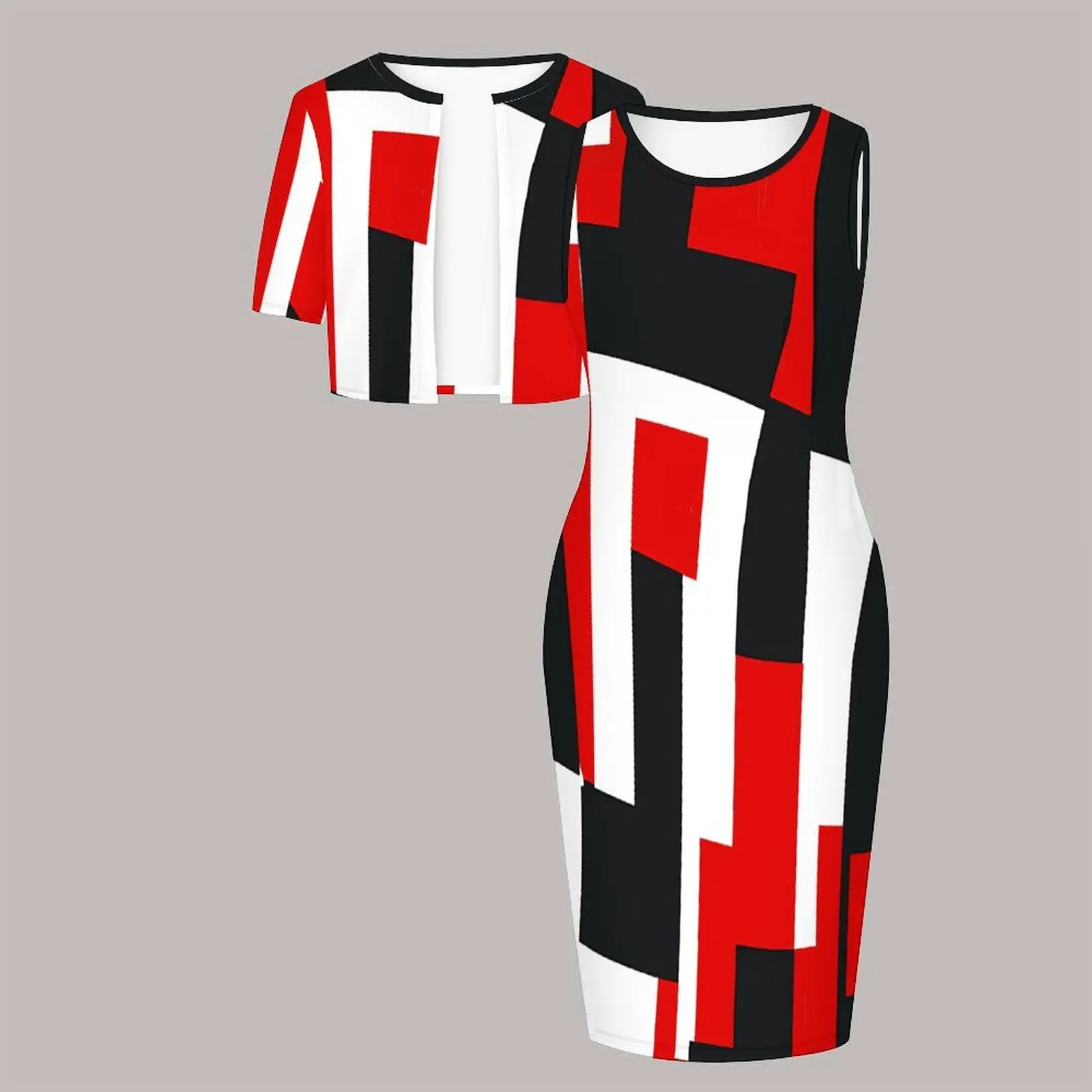 Plus Size 2pcs Women's Formal Elegant Styling Tight Dress  Round Neck Print Knee-length Skirt Short-sleeved Coat Sleeveless Suit