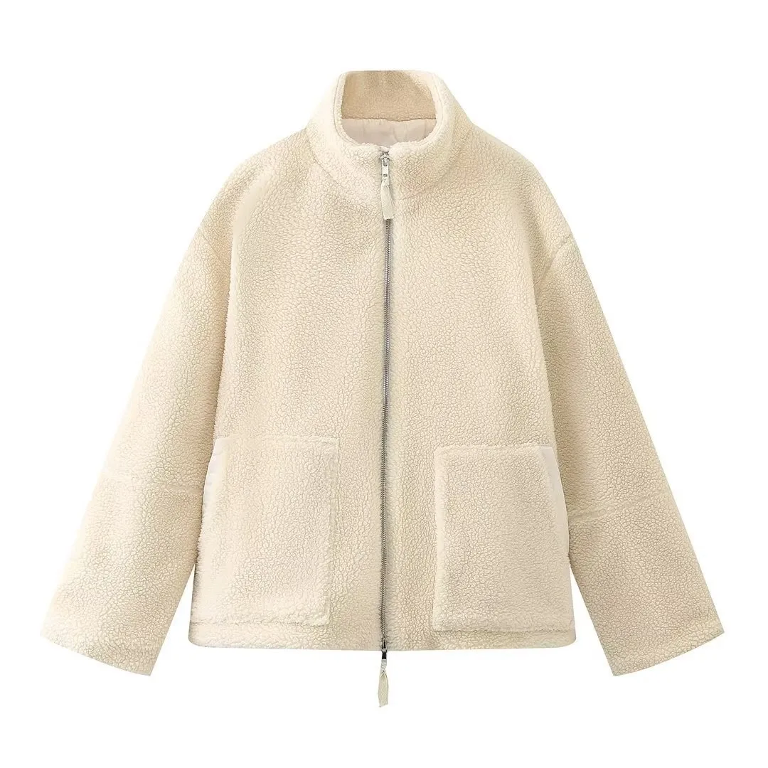 

Autumn and Winter New Women's Solid Color Lazy Wind Lamb's Wool High Collar Tweed Jacket Shaking Grain Velvet