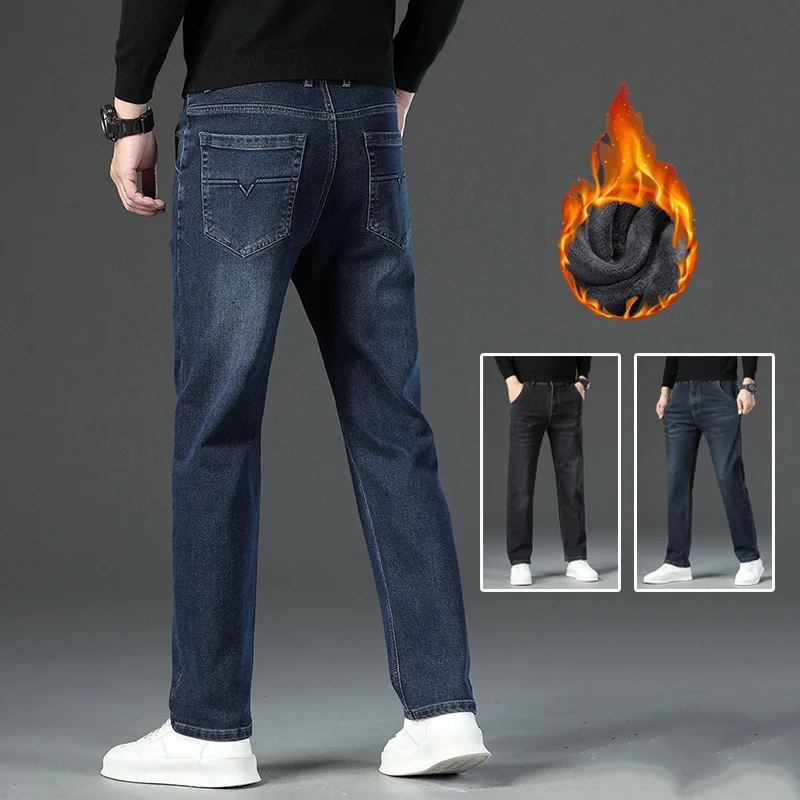 

2024 Men's Hot Sale Snow Warm Plush Denim Pants Male Versatile Business Work Jeans Youth Fashion Winter Thermal Daily Trousers