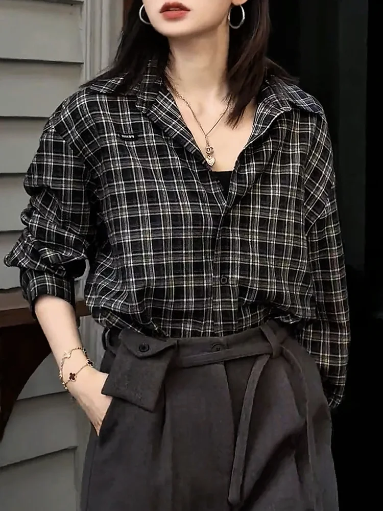 

Корейская винтажная клетчатая рубашка свободного кроя для женщин, модная универсальная осенняя блузка с длинным рукавом, большие размеры, элегантный повседневный стиль