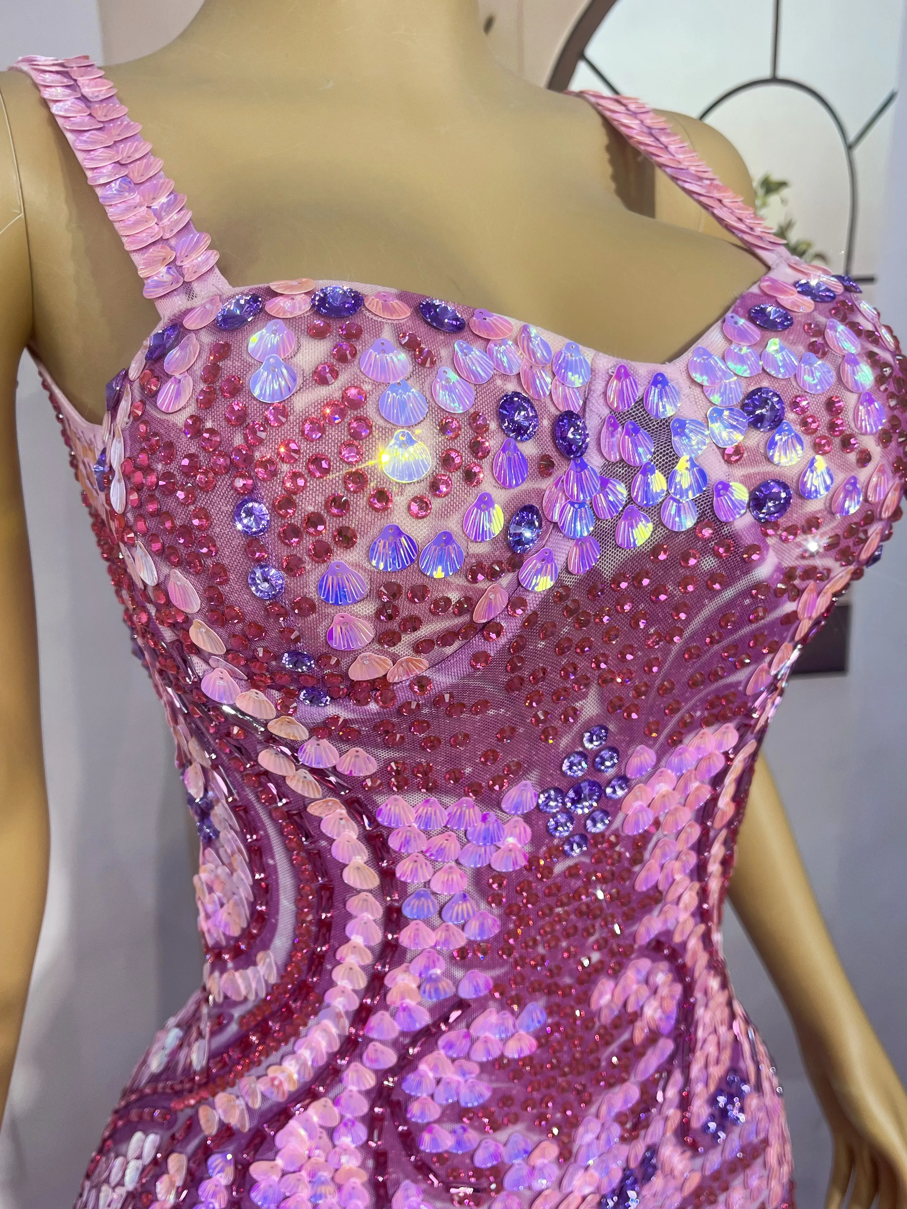 Sweet Pink Shining Rhinestones Seashell Sequins Suspenders Dress Women Birthday Fashion show Ourfit Perform Costume Caihualian