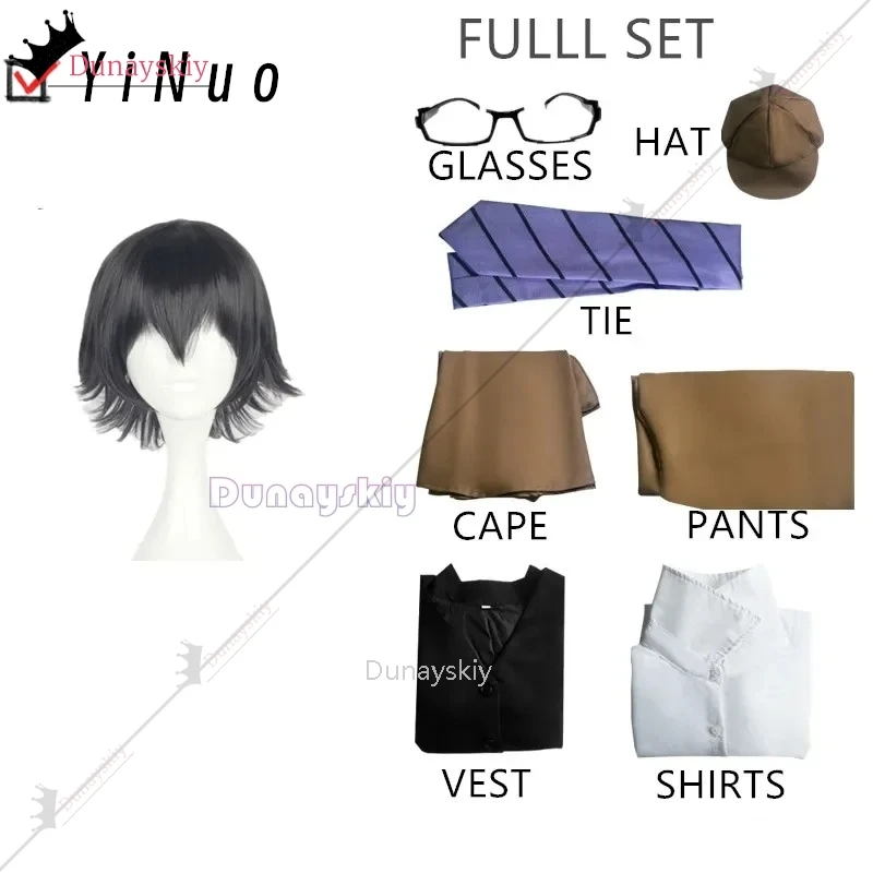 Ranpo Edogawa Cosplay Costume Wig Anime BSD Season 4 Hunting Dog Cloak Hat Glove Jacket Pants Tie Black Short Hair