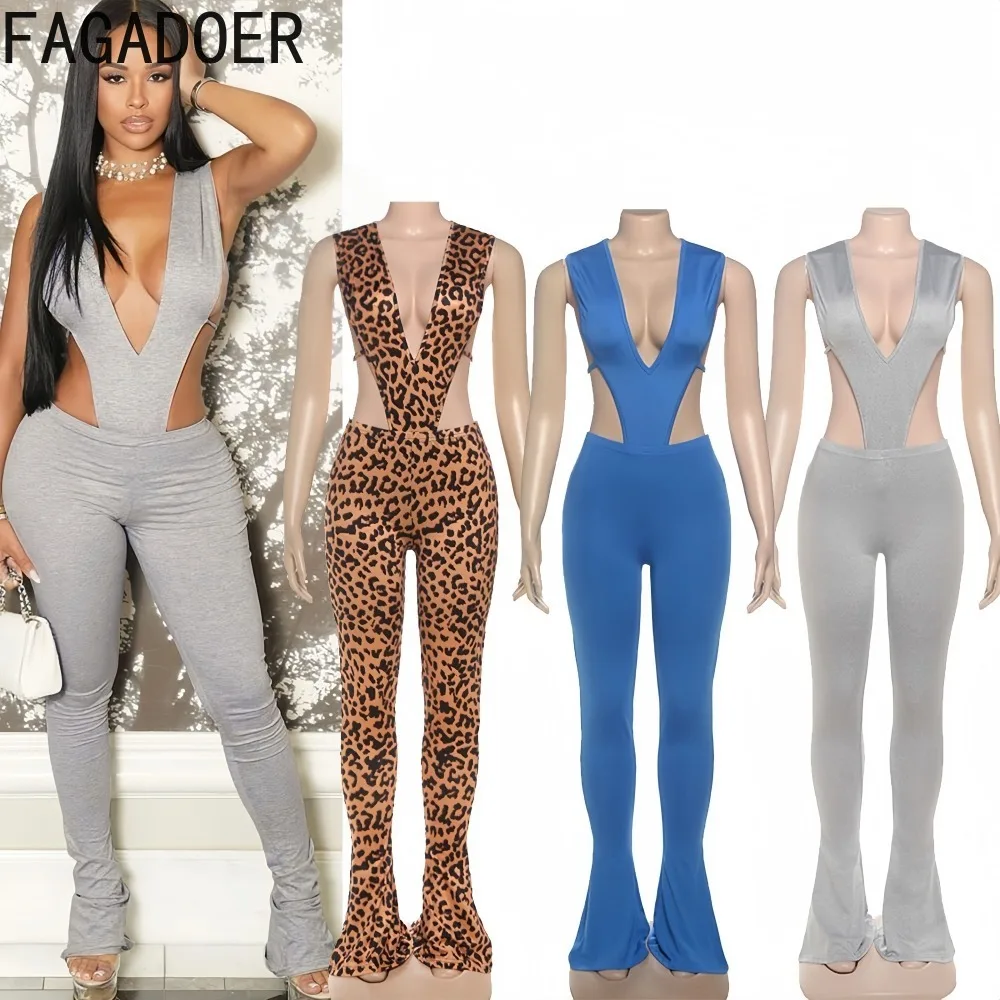 

FAGADOER Sexy Hollow Out Woman 2 Piece Set Outfit Deep V-Neck Backless Bodysuits Top + Pants Matching Female Streetwear 2025 New
