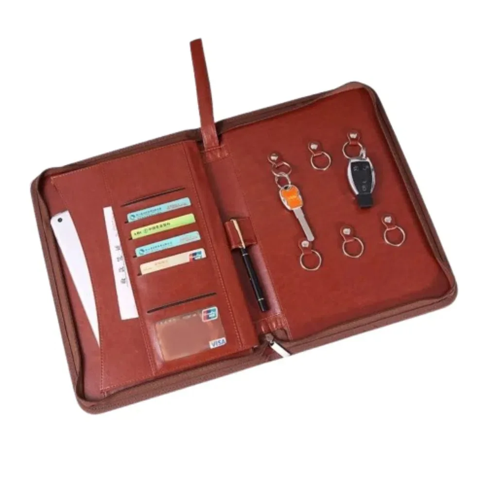 

PU Leather Business Key Storage Bag with Zipper Large Capacity A4 File Folder Pen Insert Card Slots Interview Resume Binder