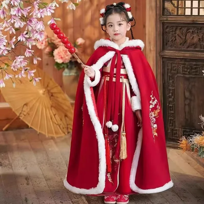 

Traditional Kids Girls New Year Hanfu Autumn Winter Thicken Velvet Tang Suit Festive Lucky Ancient Rich Daughter Cosplay Costume