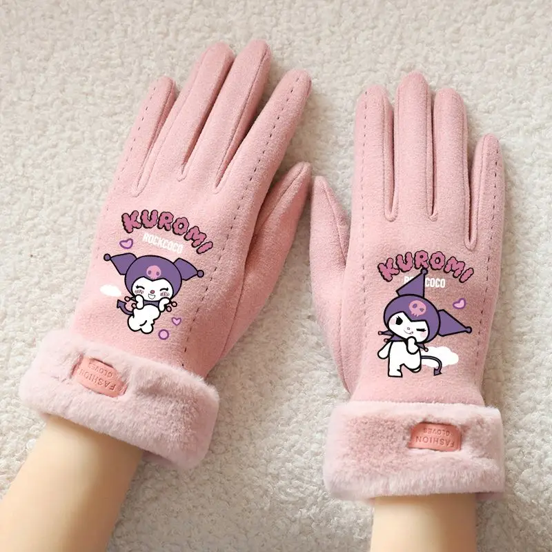 Kuromi Anime Kawaii MINISO Ins guantes cálidos de moda lindos dibujos animados Otoño Invierno guantes de terciopelo grueso para niños regalos para niños